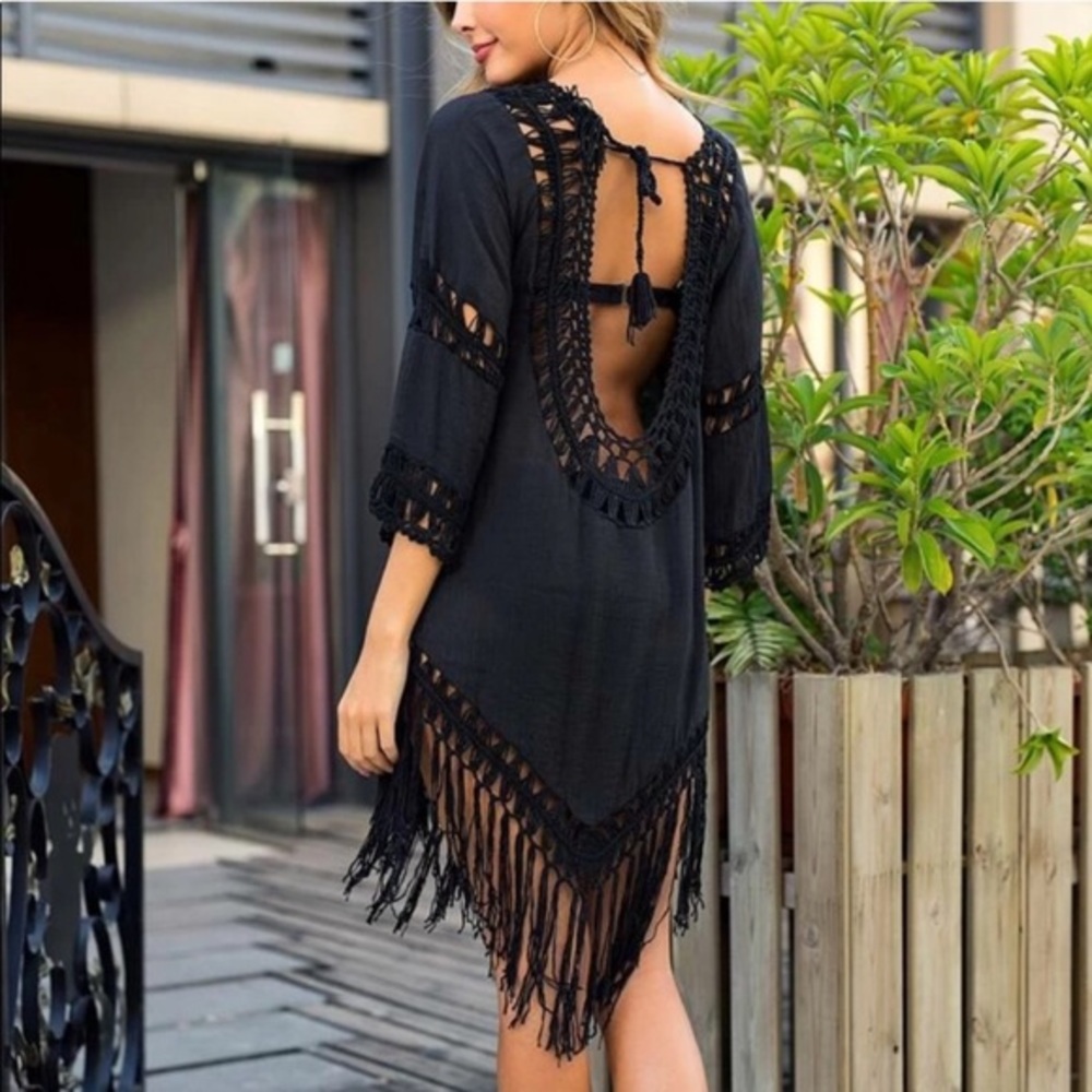 Black Crochet Fringe Swim Coverup